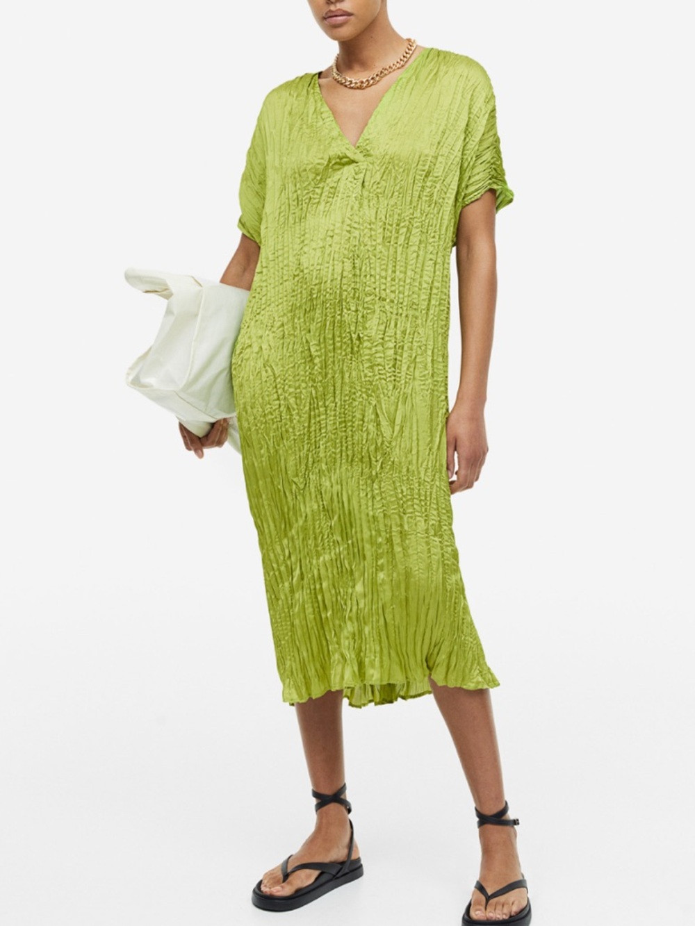 H&M satin like faux silk pleated crinkle wrinkle effect shift midi tunic dress